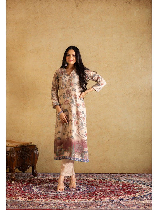 V-Neck Kalamkari Beauty Kurta and Pants with Dupatta (Set of 3)